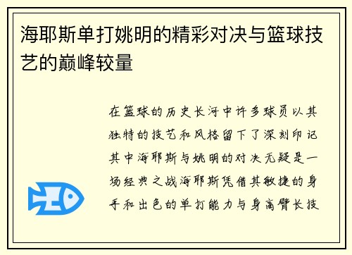 海耶斯单打姚明的精彩对决与篮球技艺的巅峰较量