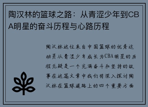 陶汉林的篮球之路：从青涩少年到CBA明星的奋斗历程与心路历程